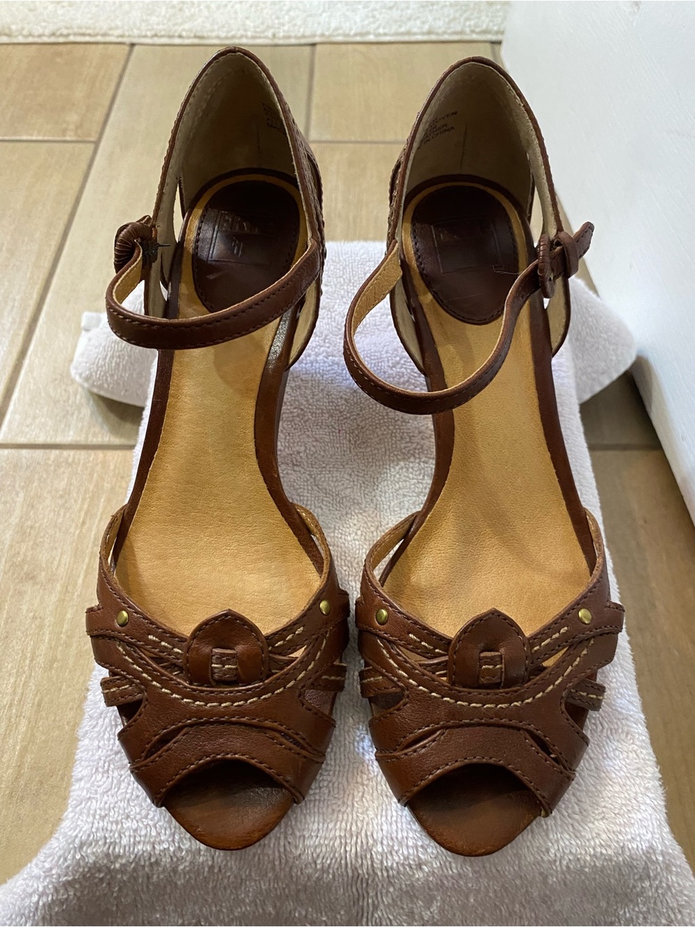 Frye Brown Leather Peep-Toe Ankle Strap Heels
